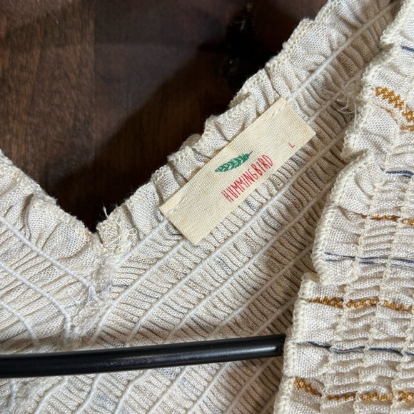 Hummingbird Criss Cross long sleeve ivory 100% rayon top blue gold pinstripe L - Picture 4 of 6